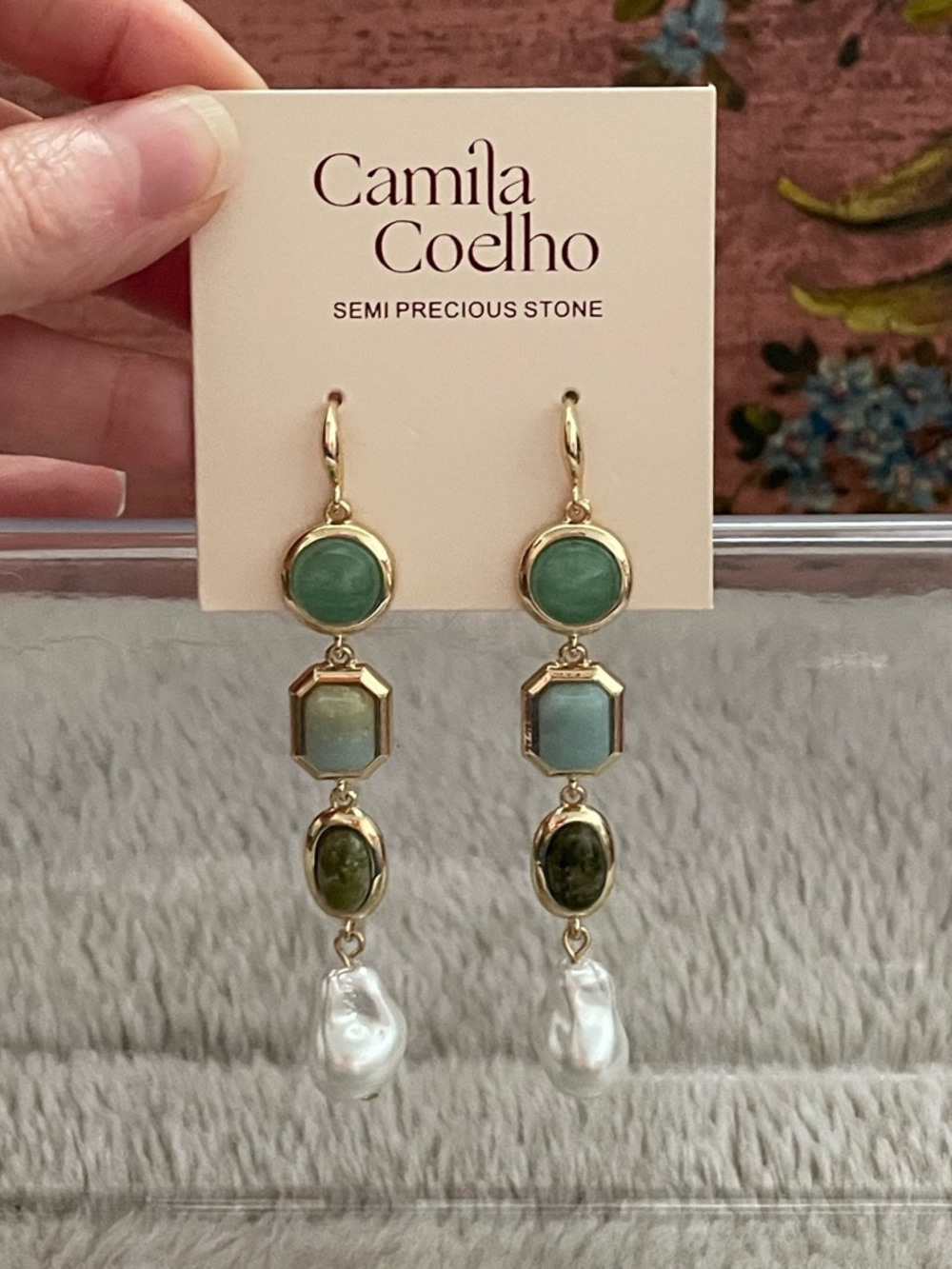 Camila Coelho Gold-Tone Green Multi-Stone Drop Earrings with Pearl